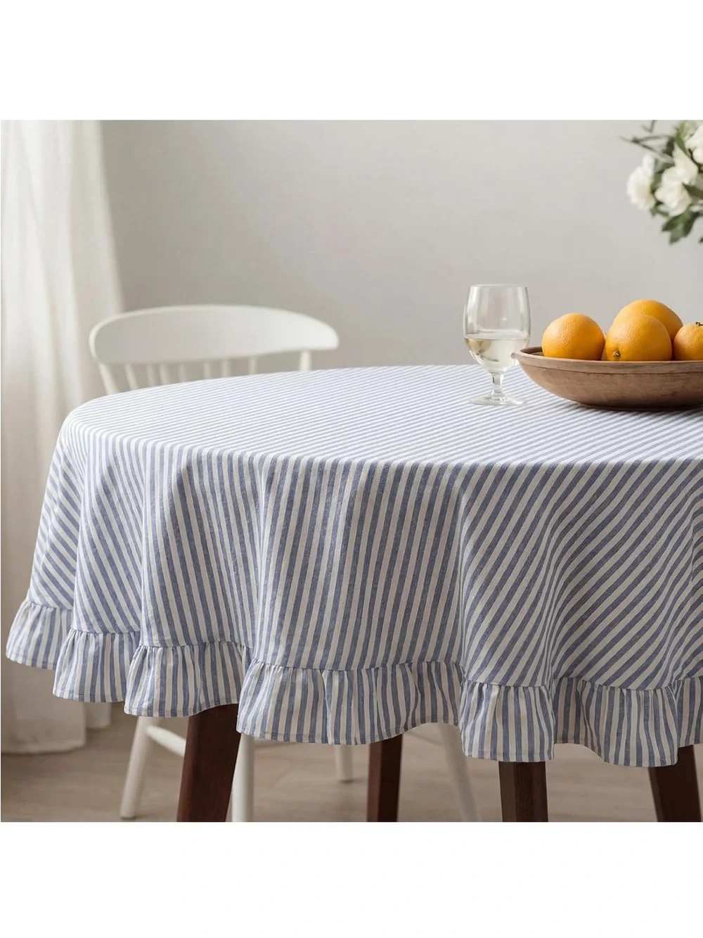 NEW Frienda Blue Stripe Ruffle Table Cloth Farmhouse